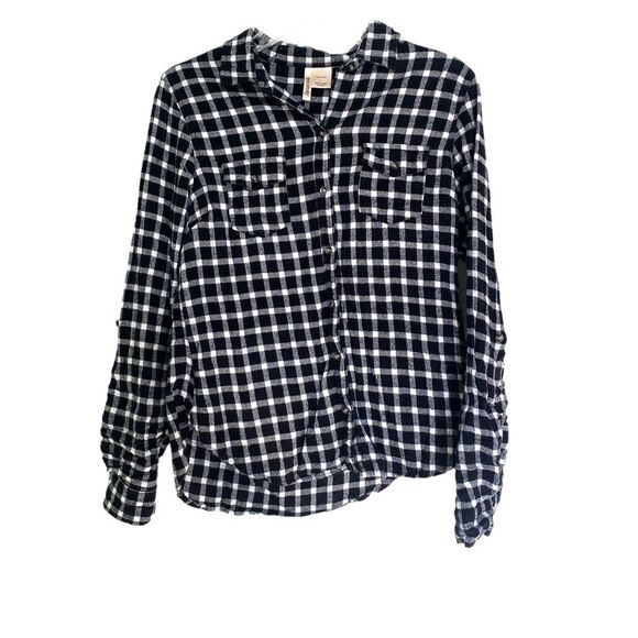 Passport Black White Plaid Soft Knit Button Down Flannel Shirt Size Large - Picture 6 of 7